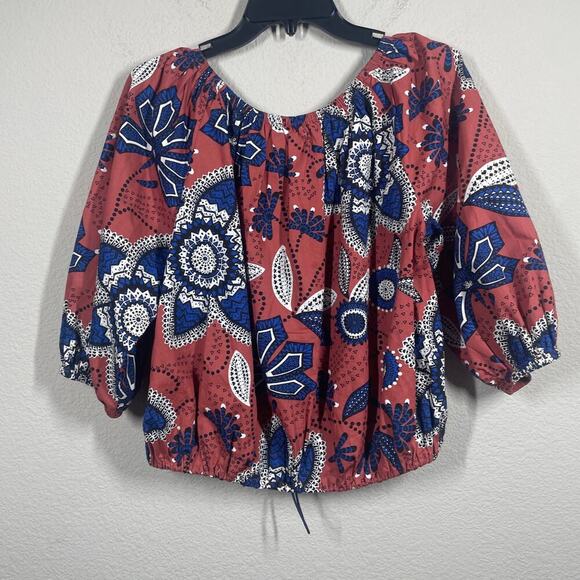 Sundry 1/Small Exploded Floral Top Blouse Rust Blue Toggle 3/4 Sleeves - Picture 3 of 11